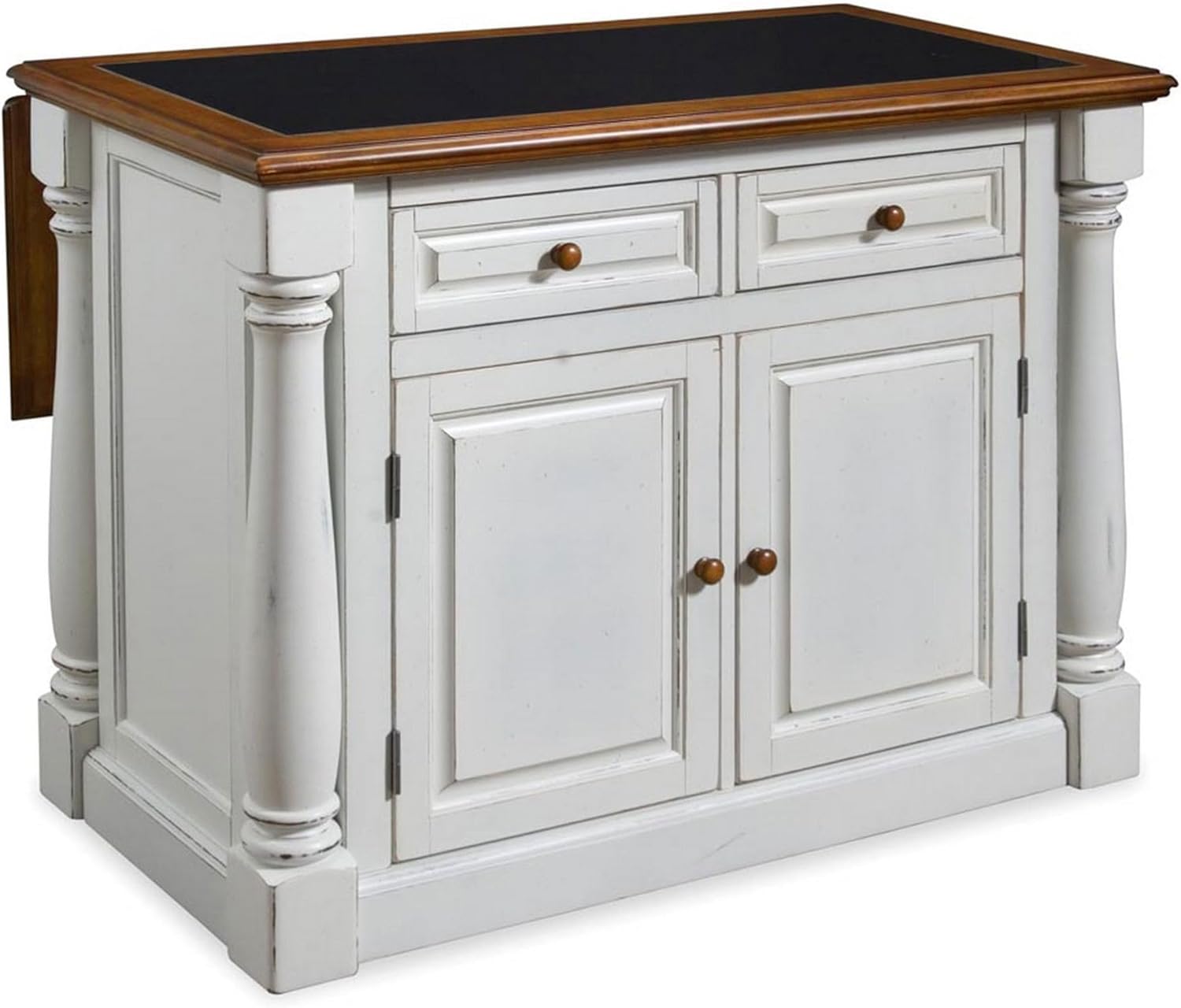 Pemberly Row Farmhouse Wood Kitchen Island, Granite Top, Antique White Finish, Distressed Oak, 48 x 25 x 36 in, Breakfast Bar Extension, Storage Drawers, Adjustable Shelves, Stylish Design for Home