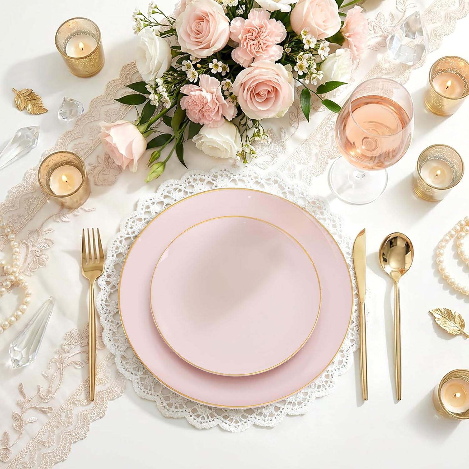 I00000 150 PCS Pink Plastic Plates for Party,Heavy Duty Pink Disposable Plates,Gold Dinnerware Set Include 30 Dinner Plates,30 Dessert Plates,30 Gold Plastic Silverware Set for Valentine's Day