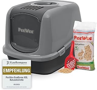 Katzentoilette XXL PeeWee EcoDome Katzenklo mit Haube Katzen WC geschlossen inkl. 3kg Streu Holzpellets, Farbe:Grau