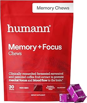 Humann Memory and Focus Chews, Brain Supplement for Mental Alertness with Beet Root Powder, Clinically Studied Nootropics, Resveratrol Plus Beet Root Powder, Blueberry Pomegranate Flavor, 30 Count