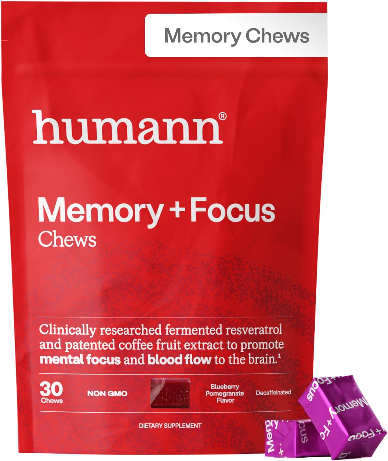 Humann Memory and Focus Chews, Brain Supplement for Mental Alertness with Beet Root Powder, Clinically Studied Nootropics, Resveratrol Plus Beet Root Powder, Blueberry Pomegranate Flavor, 30 Count