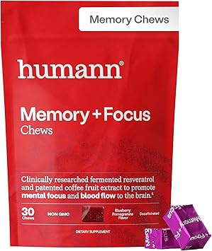 humanN Memory and Focus Chews, Brain Supplement for Mental Alertness with Beet Root Powder, Clinically Studied Nootropics, Resveratrol Plus Beet Root Powder, Blueberry Pomegranate Flavor, 30 Count