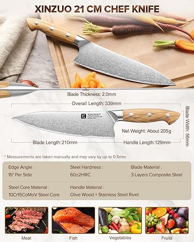 Miniatura 6 de XINZUO Gyuto - Cuchillo de chef Cuchillo de cocina de 8.3 pulgadas, 3 capas, núcleo de acero 10Cr15Comov, hoja de acero de alto carbono, cuchillo