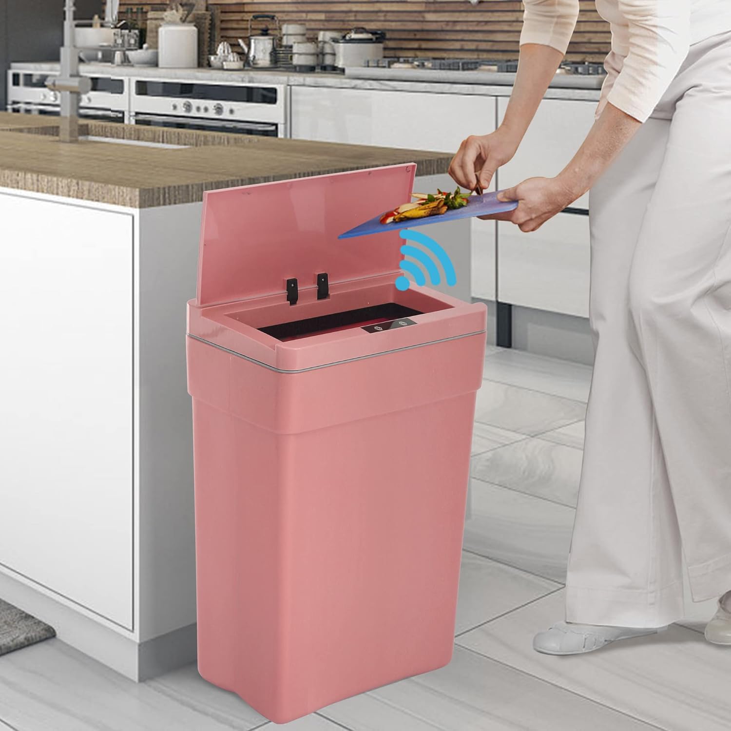 13 Gallon Trash Can, Automatic Kitchen with Motion-sensing Lid, Touchless High-capacity Garbage Rectangular, Plastic Cans for Bathroom Bedroom Office, PINK, 15.35 x 9.84 x 23.62 inches