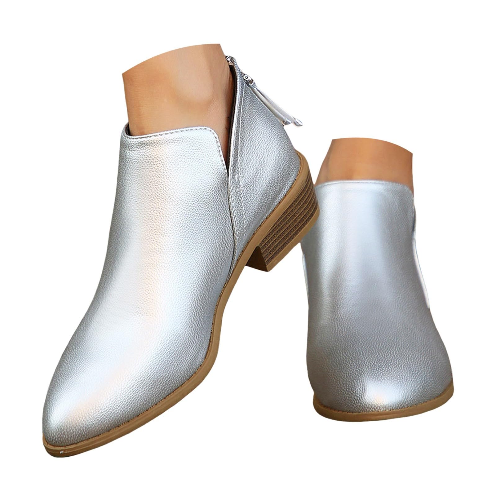 Womens Pointed Toe Leather Stacked Heel Western Ankle Bootie Womens Ankle Boots Fashion Side V Cut Rear Zipper