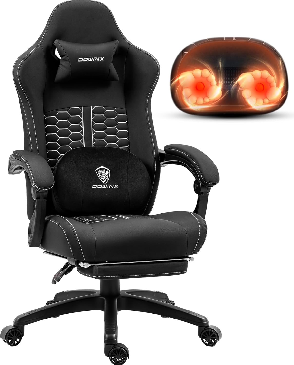Dowinx Gaming Chair with Heated Massage Lumbar Support, Ergonomic Gaming Computer Chairs with Footrest and Pocket Spring Cushion, Big and Tall PC Gamer Chair for Adult, 330lbs, Black