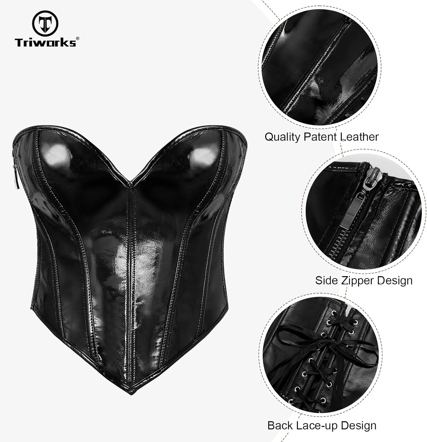 TRIWORKS Strapless Corset Top Women Patent PU Leather Corset Top Lace-up Bodyshaper Steampunk Zipper Bustier Vest - Image 5