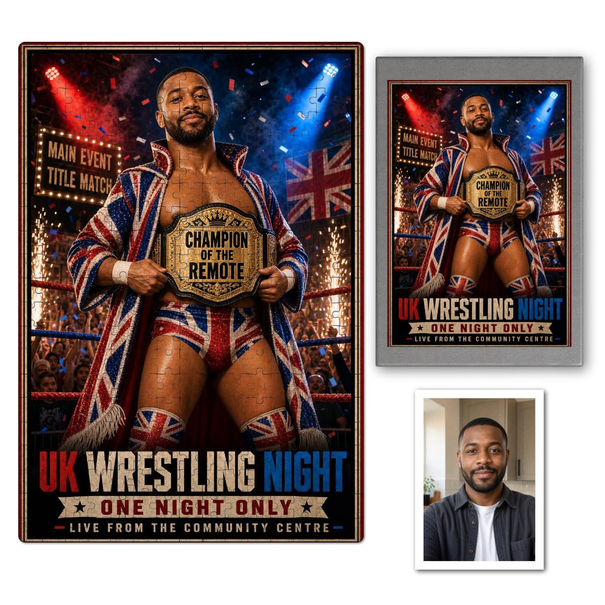 Personalised UK Wrestling Champion Jigsaw From Photo and Custom Text, Funny Championship Belt Puzzle Gift For Dad Birthday Keepsake