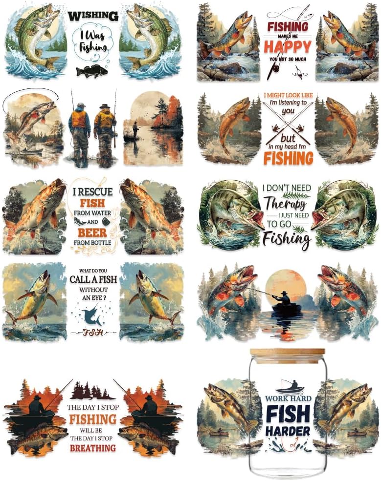 10 Sheets UV DTF Cup Wraps, 10 Styles Fishing Theme Watercolor Rub on Decals Waterproof Transfer Stickers for 16Oz Glass Cups Container Decor