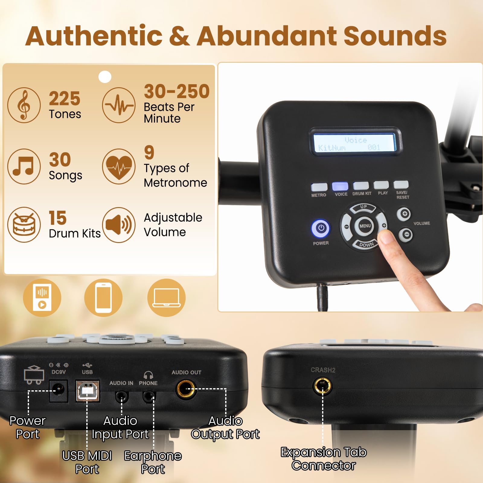 KOMFOTTEU Batteria Elettronica Pieghevole, Batteria Elettrica con 225 Suoni, 15 Combinazioni di Batteria, 30 Canzoni, 9 Metronomi e Midi, Strumento Musicale con Sgabello Regolabile e Cuffie
