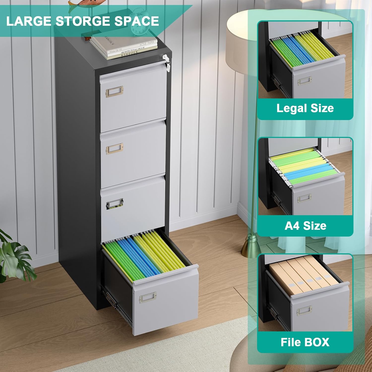File cabinet drawers open, showing ample storage space for Letter, A4, and Legal size documents