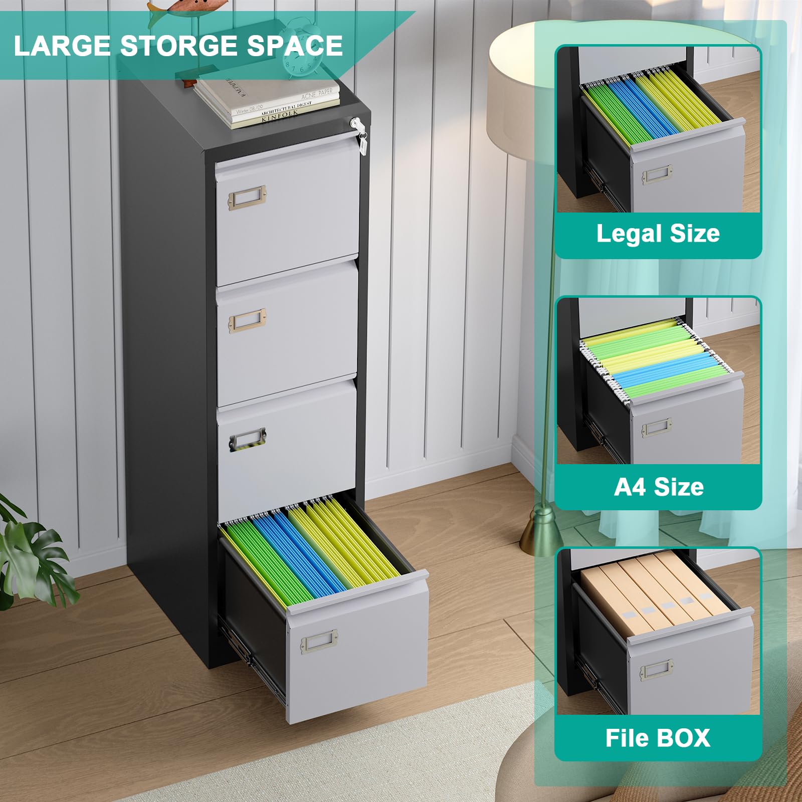 4-Drawer Locking Metal File Cabinet - Heavy Duty Vertical Storage For Letter, Legal, A4 & F4 Files
