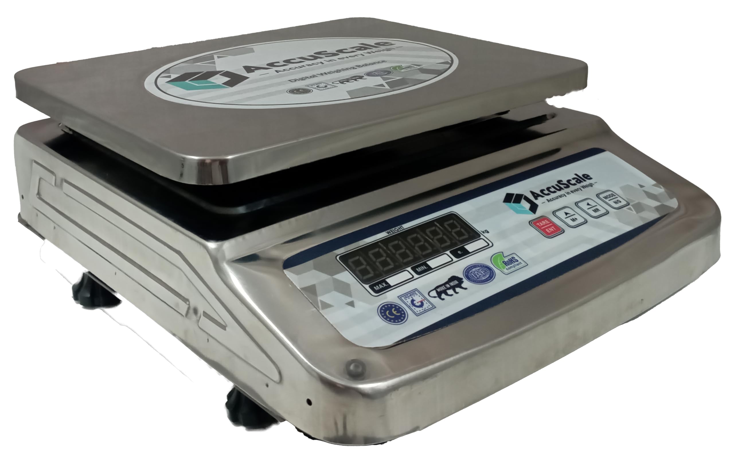 AccuScale (AS-02) Capacity 30kg x 2g Accuracy Stainless Steel Digital Weight Machine/Weighing Scale with Front and Back Green Display (10x12 inches) with 40 hour Battery backup