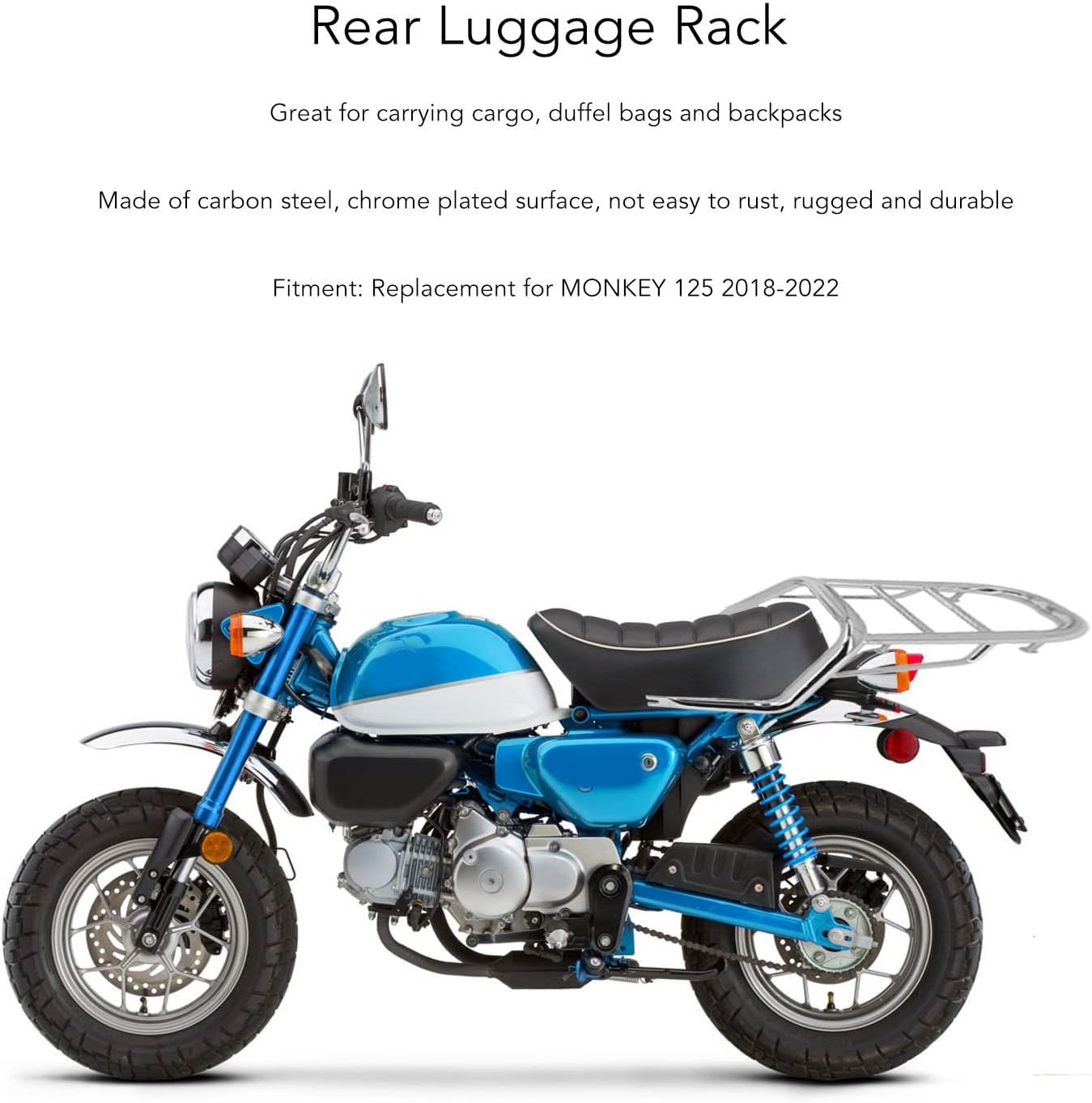 Blue Monkey 125 motorcycle with Focket rear luggage rack installed