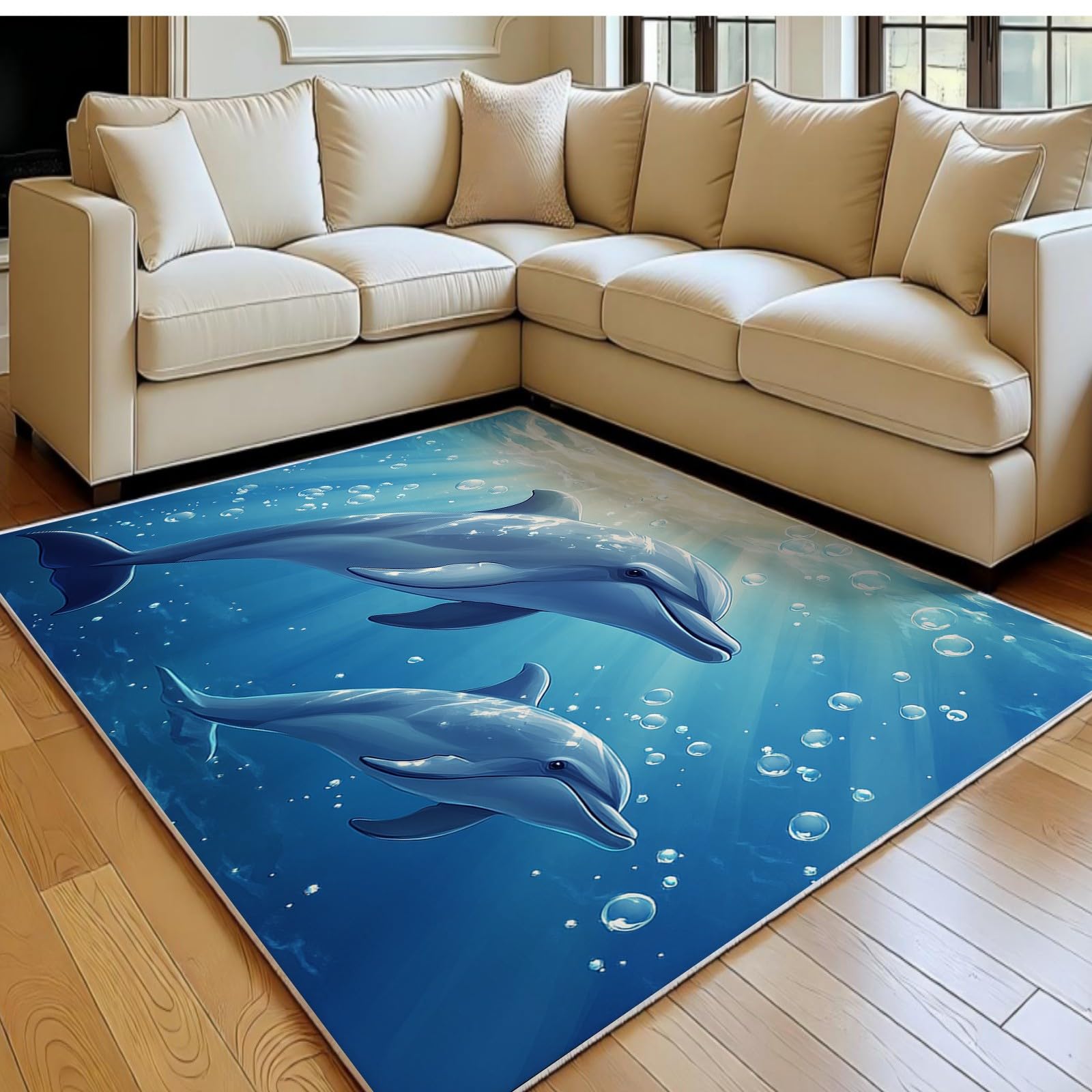 Tapis salon moderne motif dauphin bleu pour grand salon chaleureux