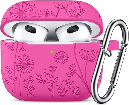 Miniatura 9 de Lerobo Funda para AirPod de 3 generación con accesorios para llavero, funda de silicona con grabado de flores para Apple AirPod de 3 generación,