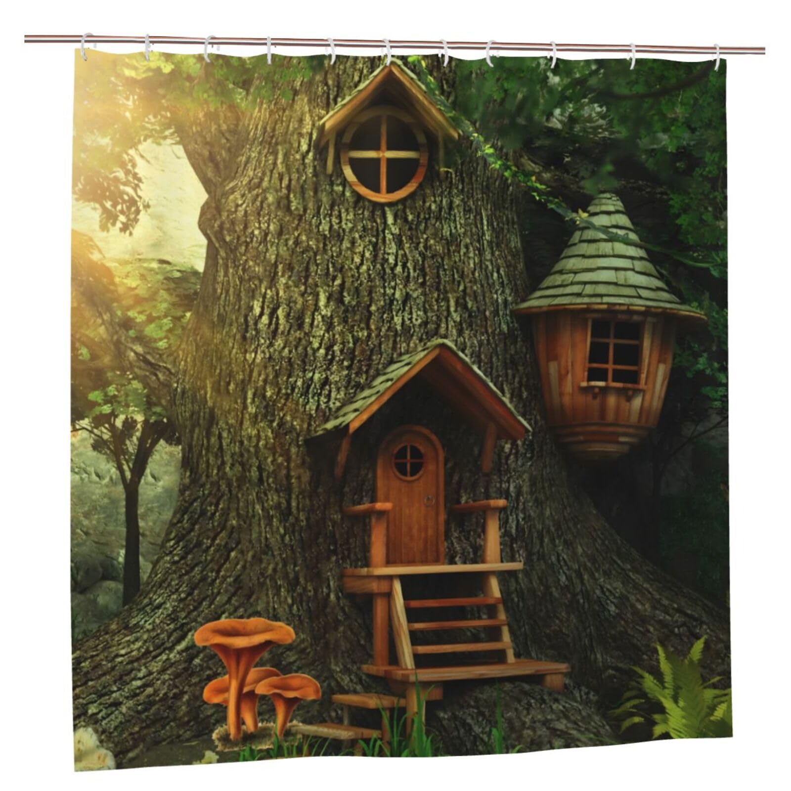 Newhomestyle Woodland Tree House Bathroom Shower Curtain - Kids Fantasy Cartoon Art Waterproof with 12 Hooks, 180x180cm