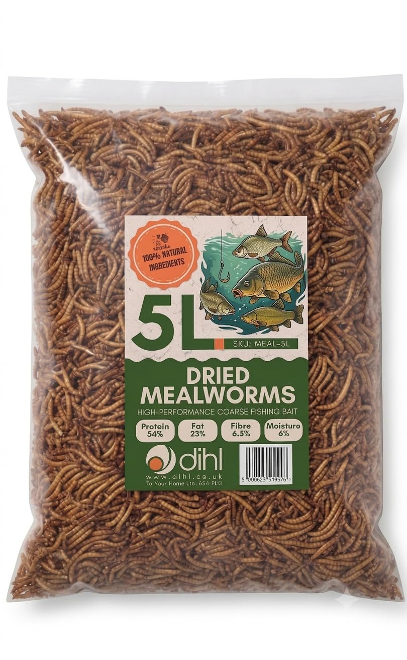 Dihl 5L Dried Mealworms for Coarse Fishing – High Protein Natural Fishing Bait for Carp, Bream, Roach, Tench, Chub & Stillwater Angling - 5 Litre Resealable Bag