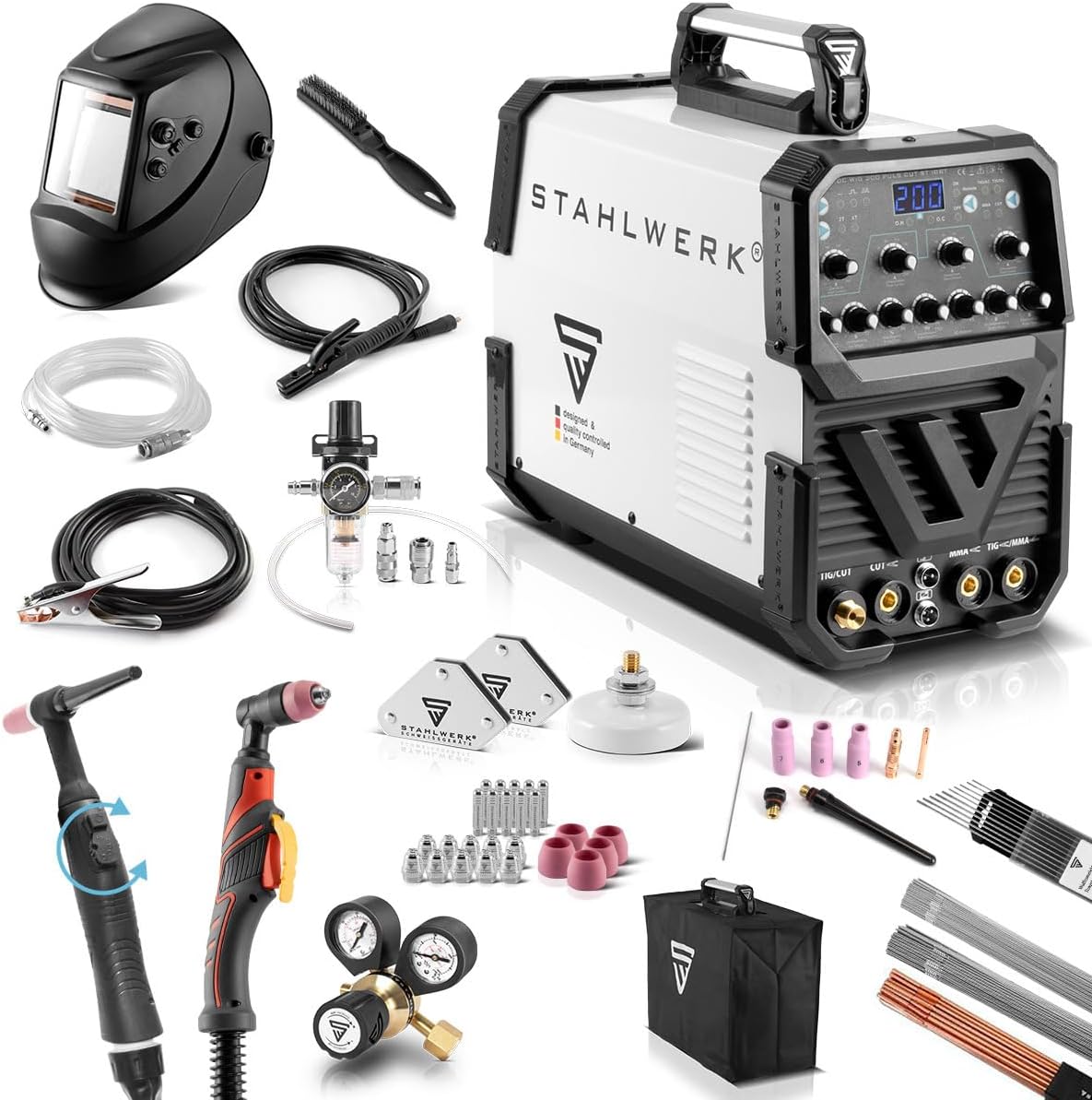 STAHLWERK AC/DC TIG 200 Pulse with Plasma ST Full Equipment Welder with 200 A TIG & MMA, Aluminum & Thin Sheet Suitable, Combination Unit with 50 amp Cut Function, 7 Years Warranty