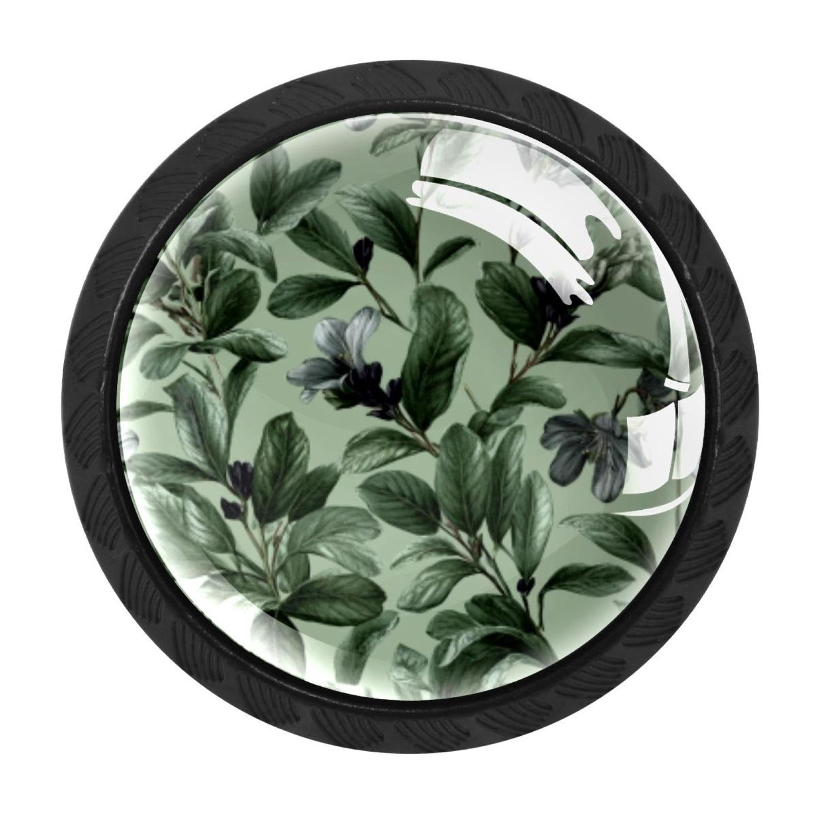 CHENZZZZ 4 pcs Floral Flowers Leaves Sage Green Cabinet Knobs Crystal Drawer Pulls for Kitchen, Bathroom Cabinet, Dresser and Cupboard