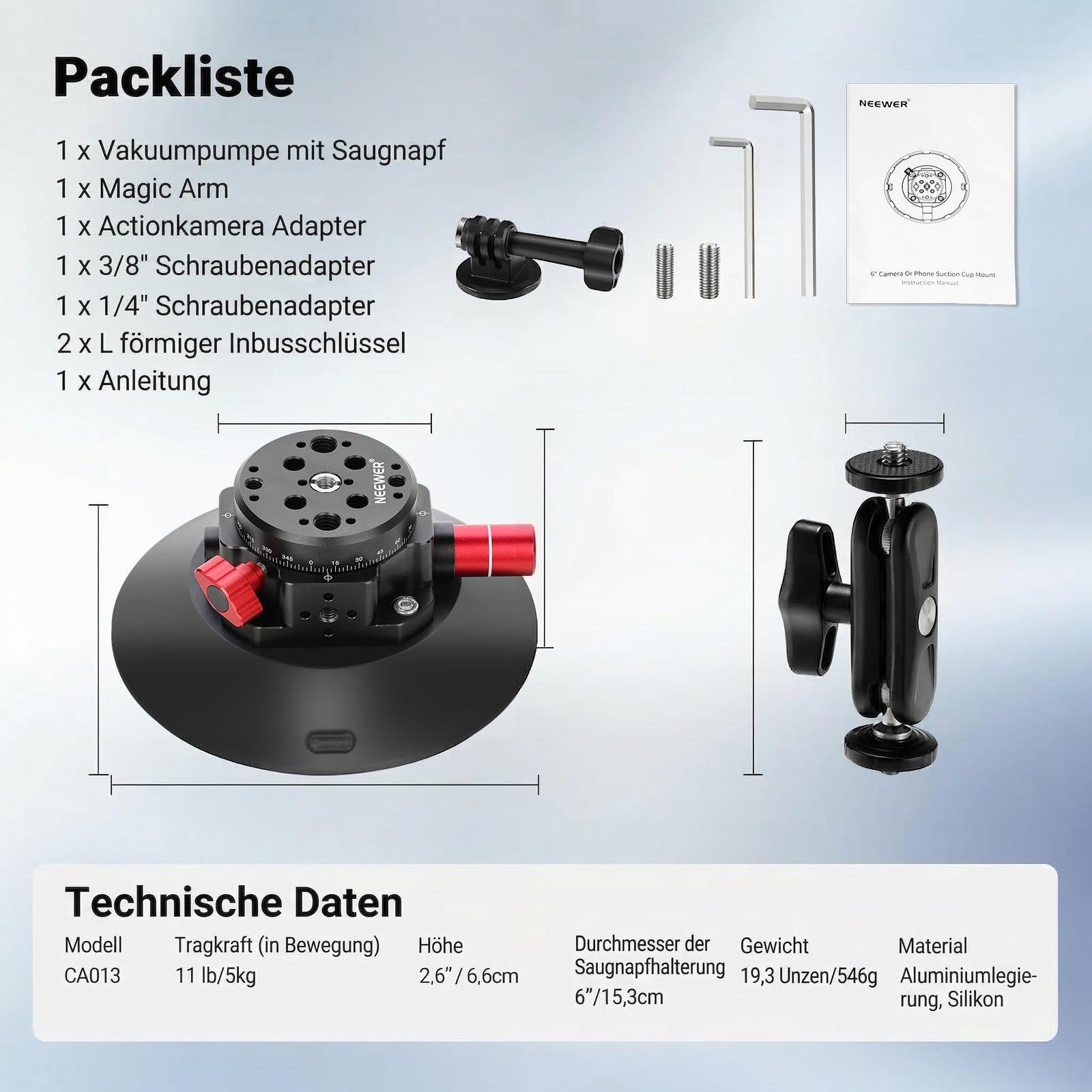 NEEWER 6"/15,2cm Kamera Saugnapf Halterung mit Kugelkopf Magic Arm, Metall Saugnapfhalterung an der Auto Windschutzscheibe für Action Kamera/Handy Halter, mit 1/4“ & 3/8" Befestigungslöchern für ARRI