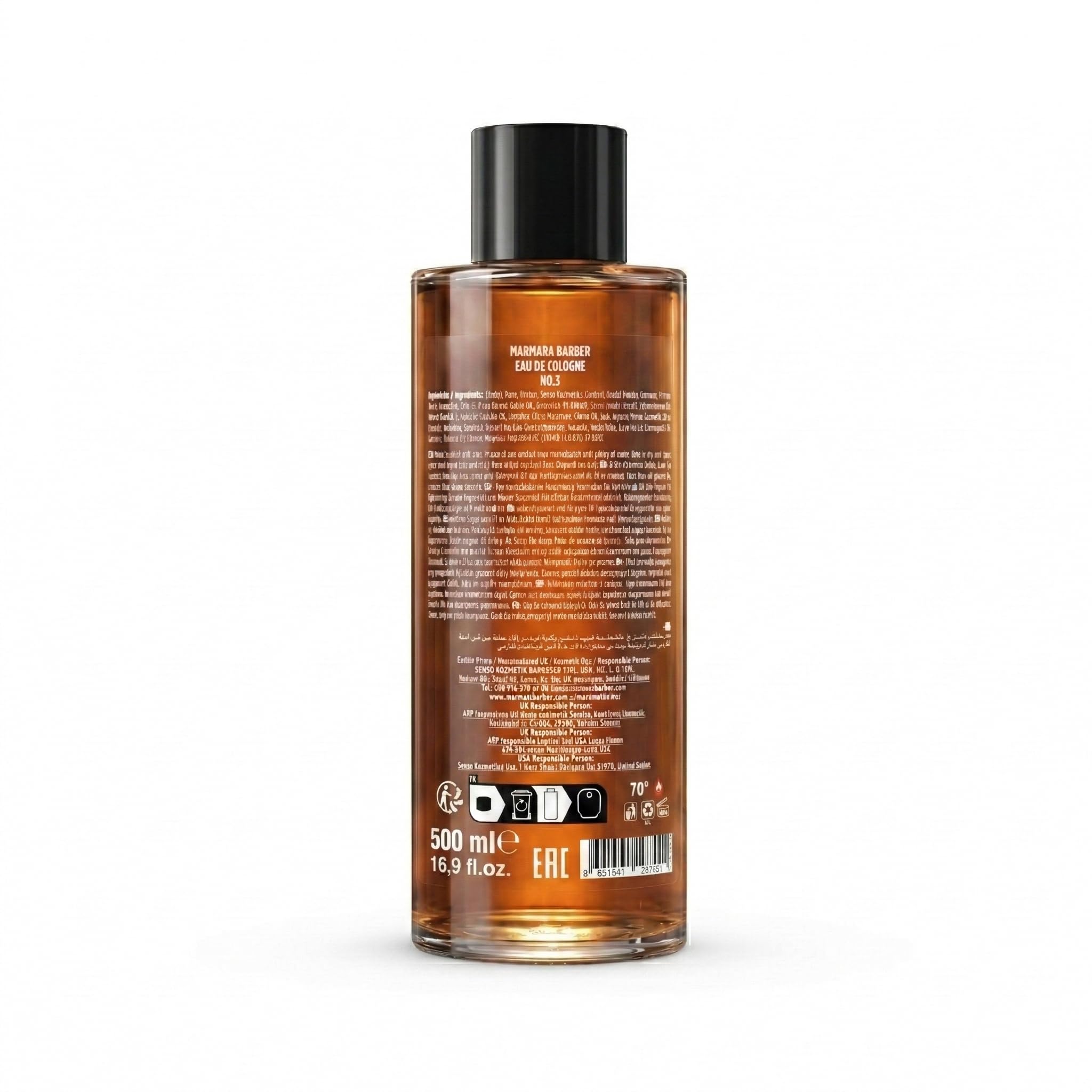 Barber Marmara No.3 Aftershave dla mężczyzn, turecka woda kolońska, odświeżająca i łagodząca, nawilżająca i oczyszczająca. Zapach skórzany, cedrowy i paczulowy. Długotrwały, 500ml