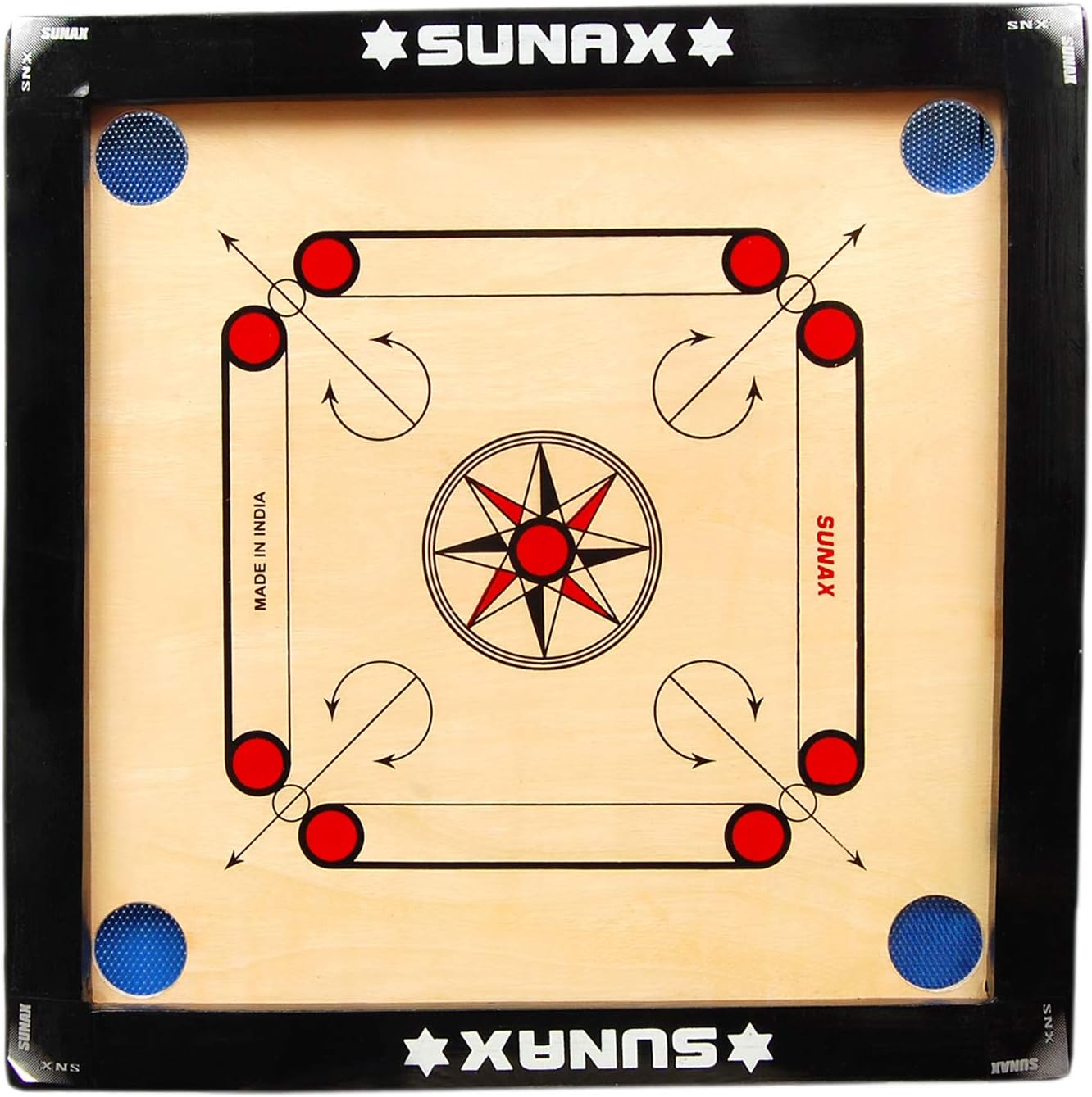 SUNAX SPORTS Wooden Round Pocket (4mm) Carrom with Glossy Finish/ Tournament Striker/ 2 Piece Carrom-Powder (40g)/ 1 SET Carrom-Coin (Brown, Small)