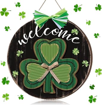 Moucuny St. Patricks Day Wreaths for Front Door Sign Irish Shamrock Wreaths green Irish 3D Wood Door Hanger with Bows Shamrock Outdoor Porch Hanging St. Patricks Day Decorations for Home