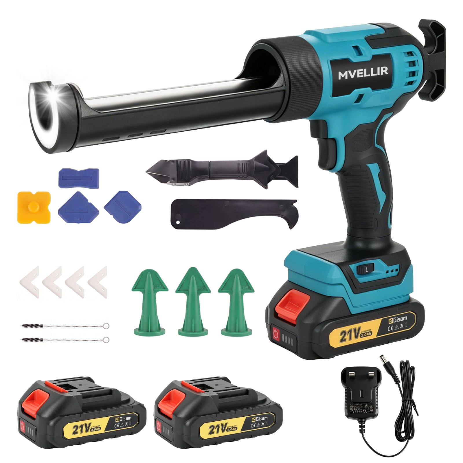 Electric Caulking Gun Cordless, Silicone Sealant Gun with 2 x 2.0Ah-Batteries, 6 Speed Adjustable, LED Light, Drip-Free, Caulk Remover Tool, Auto Retract for Home Sealing, Filling, Installation