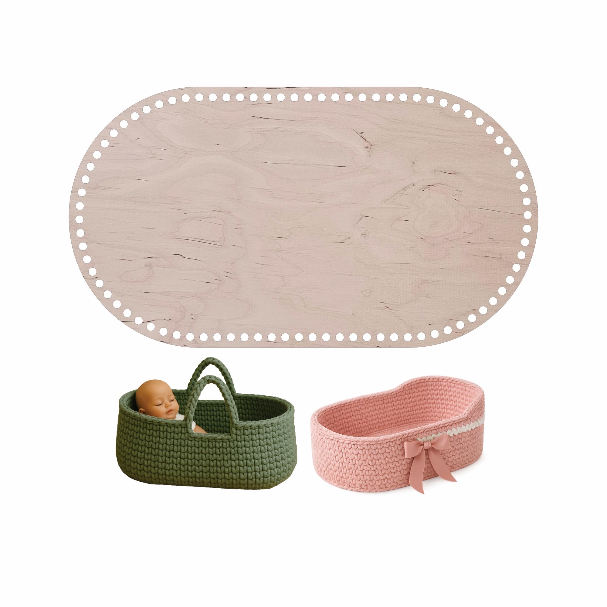 YourHobbyTools Oval Wooden Crochet Basket Base for Doll Cradle – Moses Basket Bottom for Dolls, Wooden Base with Holes, DIY Craft Base, Various Sizes (8mm holes, 50x30cm)
