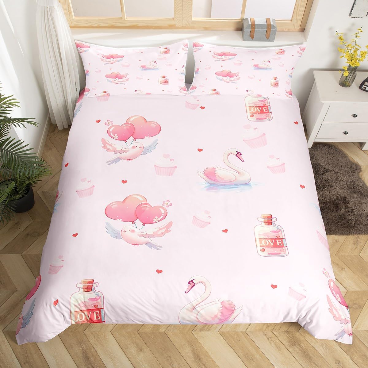 Happy Valentine's Day Duvet Cover Set Toddler Size,Pigeon Cartoon Animals Bedding Set(No Comforter),Love Balloon Quilt Cover for Kids Bedroom Decor,2 Pcs