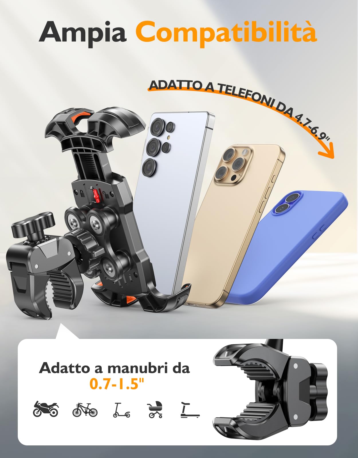 Porta Cellulare Moto, [Dumper Antivibrazioni & 1S Blocco] Porta Cellulare Bici Manubrio, 360° Rotabile Supporto Telefono Moto, Compatibile con iPhone, Galaxy, 4.7-6.9" Smartphone