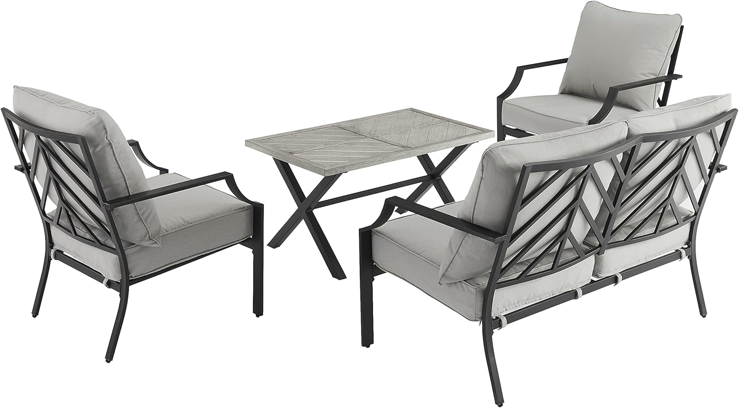 Crosley Furniture Otto 4-Piece Chevron Outdoor Loveseat Patio Furniture Set, Conversation Sets for Porch, Matte Black with Gray Cushions