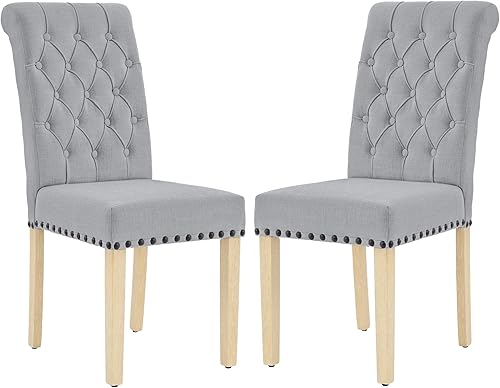 LOULENS Juego de 2 sillas de comedor de tela, modernas sillas Parson tapizadas de lino con ribete de cabezas de clavos, botones acolchados, patas de