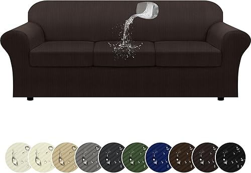 Funda para sofá extragrande 100% impermeable, 4 piezas, a rayas, para sofá de 3 cojines, con parte inferior de poliuretano termoplástico a prueba de