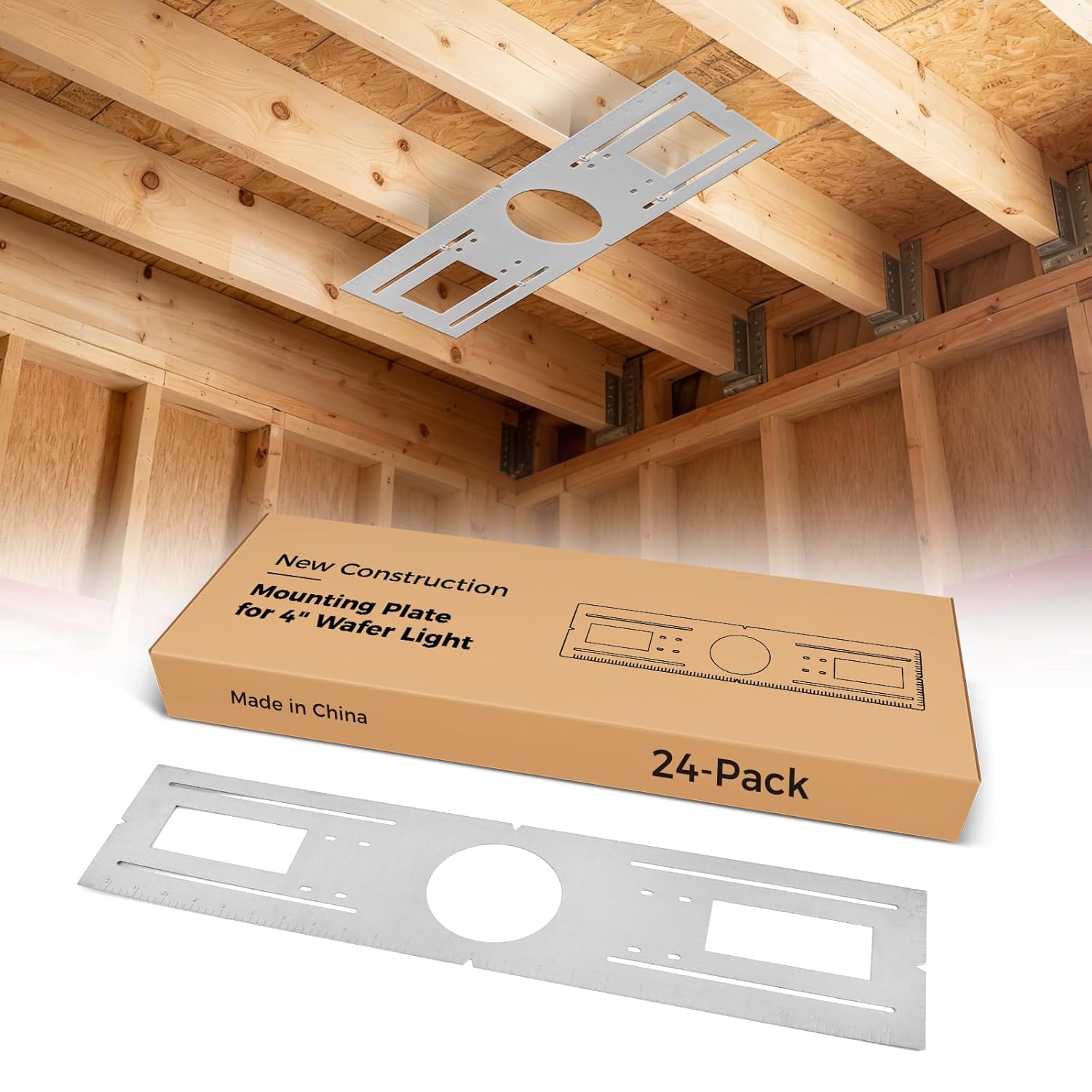 CycevSun 12-Pack New Construction Mounting Plate, 26" Wafer Light Rough in Plate for 6" Recessed Lights, Heavy Duty Galvanized Steel with Ruler Markings, Pre-Cut Openings 6.25"