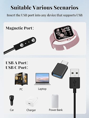 Miniatura 6 de Cable de carga para reloj inteligente AKUMAKA G62, cable magnético USB A de carga rápida con adaptador USB C (2 cables + 1 adaptador)