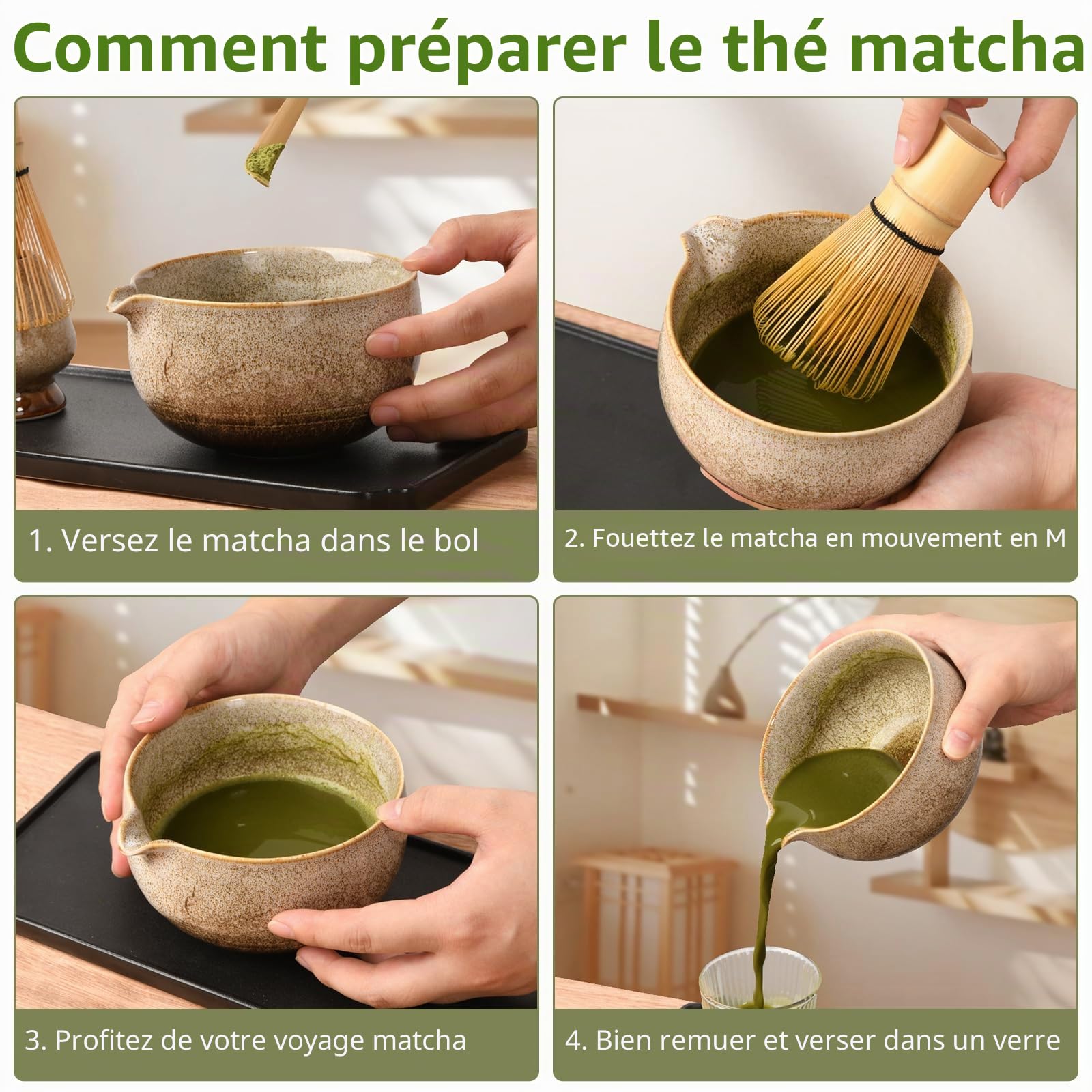 Ensemble de thé japonais pour matcha, bec verseur, support fouet céramique artisanal, fouet et cuillère à matcha, parfait pour cérémonie traditionnelle