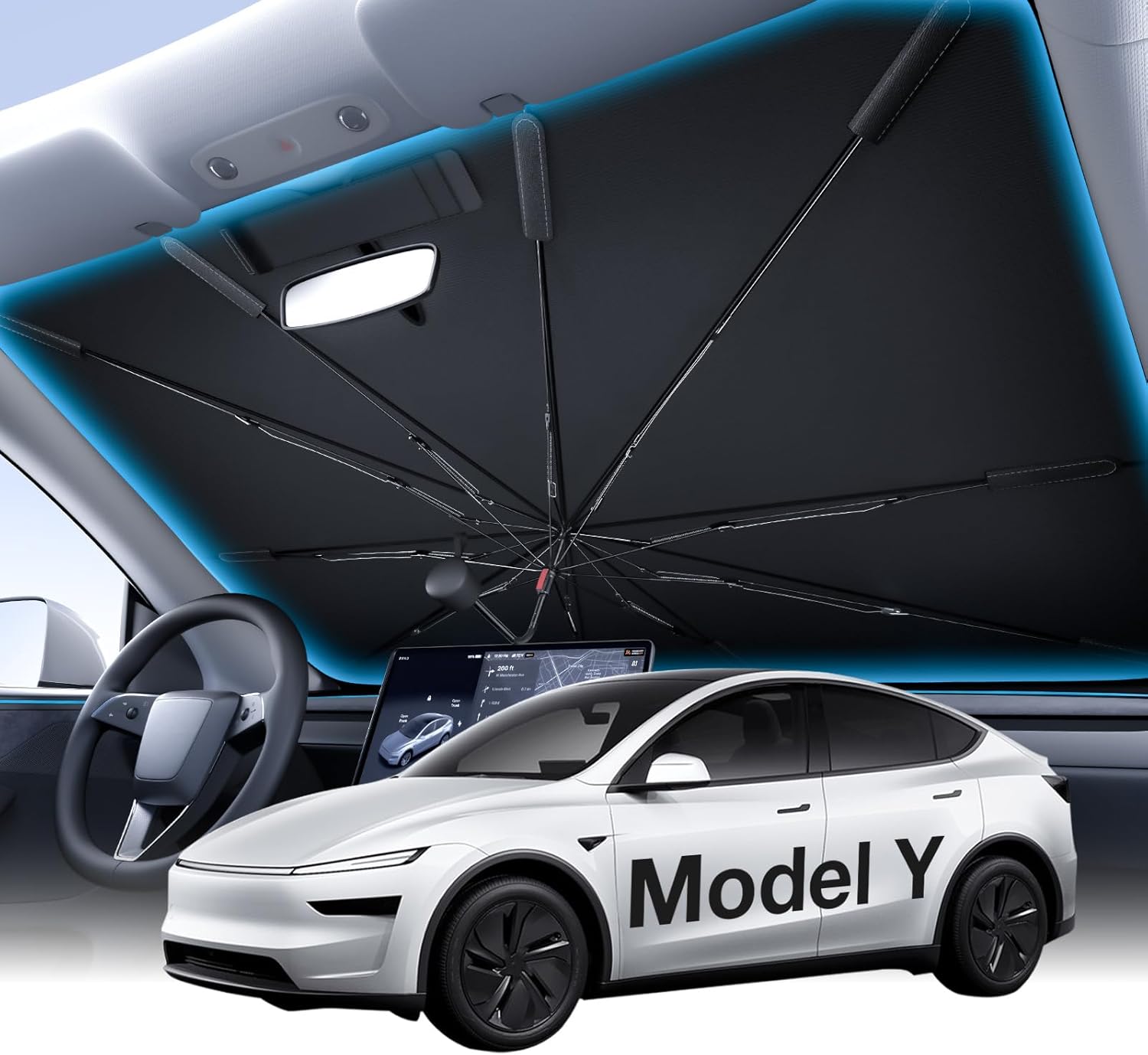 Wigoo Windshield Sun Shade Umbrella for Tesla Model Y [100% Sun Blockage, Ice Cooling Fabric] Reflective Heat Insulation, Foldable Front Window Sunshade Umbrella for Tesla Model Y 2020–2026 (Juniper)