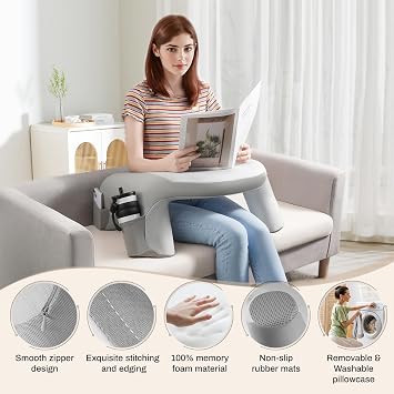 Reading Pillow for Bed, Lap Desk for Laptop, Memory Foam Arm Rest Support Gaming Pillow with Cup/Phone Pocket, Laptop Lap Desk for Working, Gaming, Reading on Couch Bed Floor- Grey