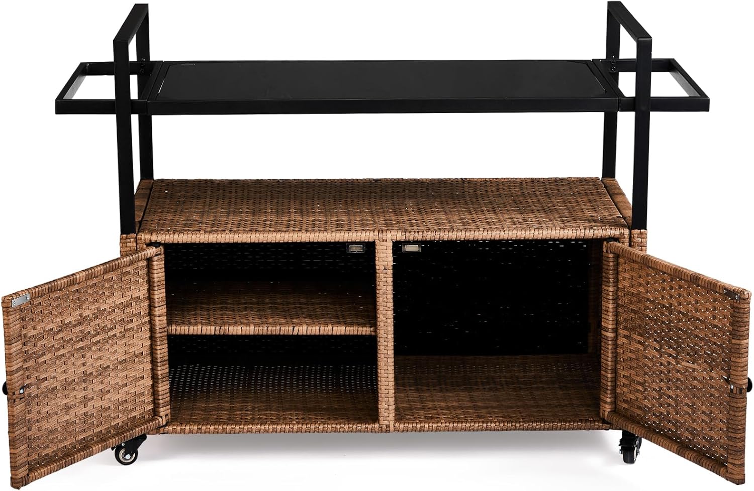 VINGLI Outdoor Storage Cabinet with Wheels, Waterproof Woven Rattan with Double Magnetic Doors, Mobile Multi-Purpose Cabinet for Storage, Buffet Server, Bar Table, Potting Bench (Glass Top)