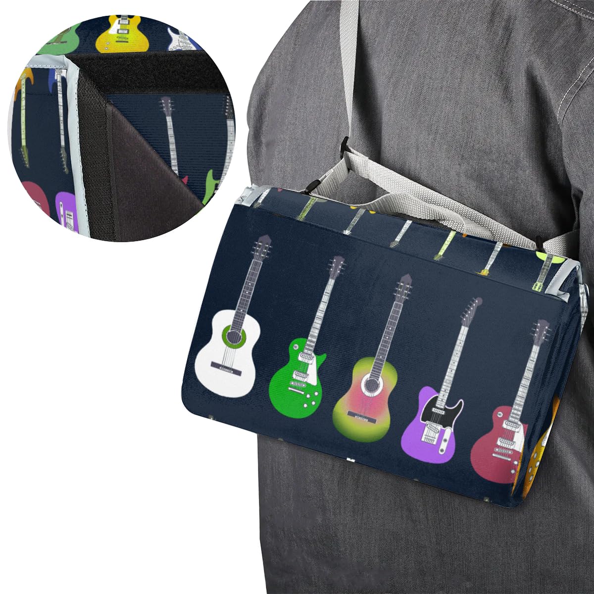 Manta de picnic de 150 x 145 cm, manta de playa plegable con música colorida y guitarra eléctrica para exteriores, impermeable, para playa, camping, senderismo, picnic