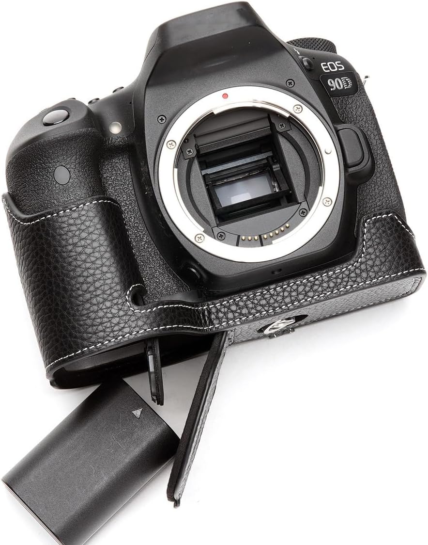 Handmade Genuine Real Leather Half Camera Case Bag Cover for Canon EOS 90D Black Color