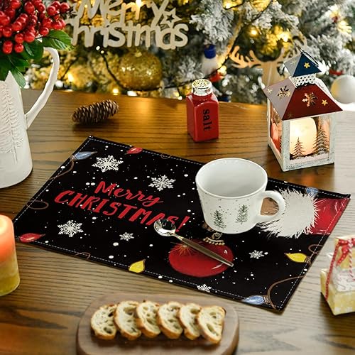 Miniatura 3 de Artoid Mode Bola de Navidad Feliz Navidad - Juego de 6 manteles individuales de mesa de invierno de 12 x 18 pulgadas, manteles individuales negros
