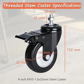 YOOGAA Caster Wheel 4 inch Heavy Duty Swivel Caster Wheels Set of 4 Metric M10 Threaded Stem(Bolt Diameter 10mm, Length:25mm) Durable Soft Rubber casters for Carpet Hardwood Floor.