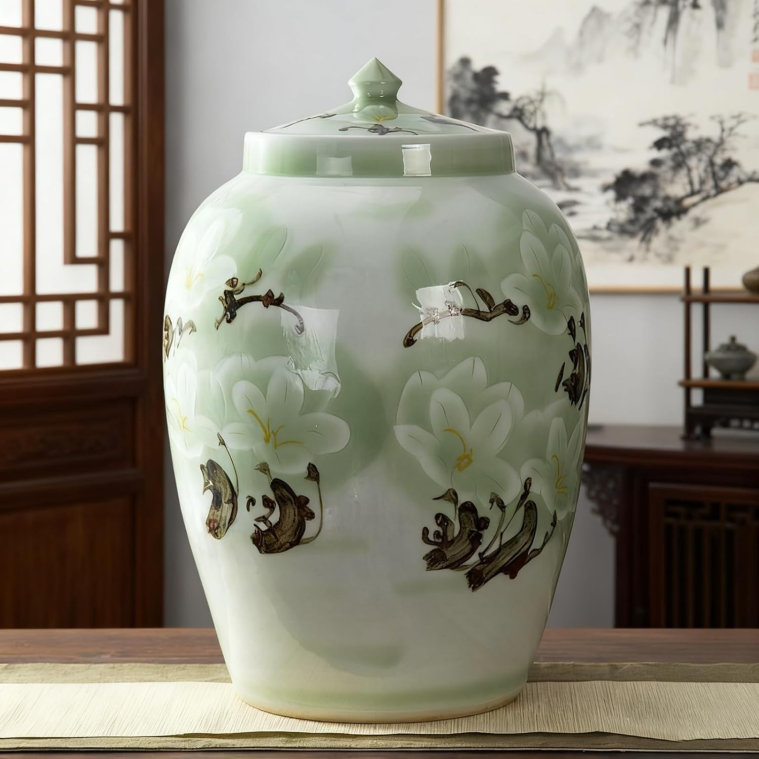 Ceramic Rice Storage Container with Lid, Large Sealed Rice Jar Chinese-Style Porcelain Food Dispenser with Tassel for Cereals Grains Coffee Beans
