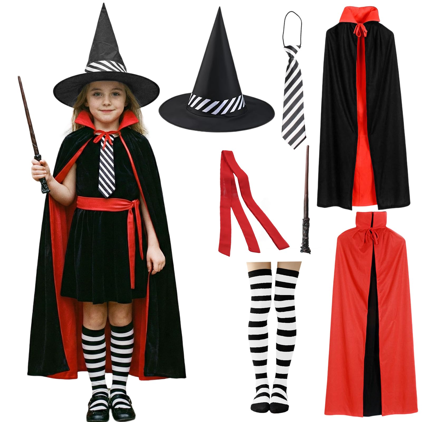 Aleshime Girls The Worst Witch Costume, Childs World Book Day Fancy Dress School Witch Costume, Black Cape, Wizard Hat, Wand