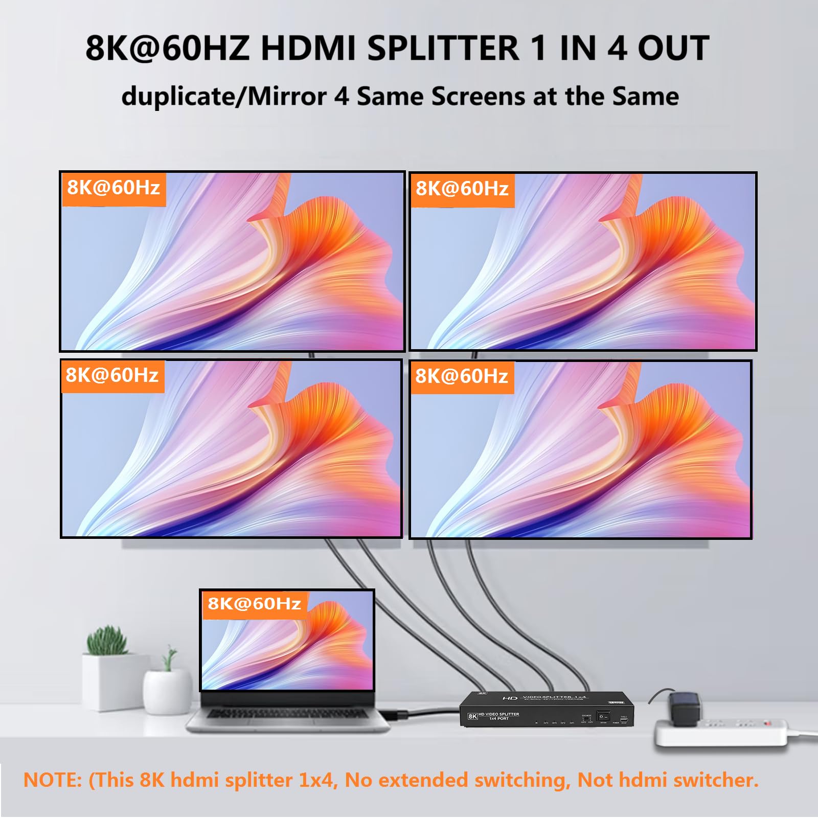 Divisor HDMI 8K 1 en 4 salidas, 1x4 HDMI 2.1 divisor 8K @60Hz 4K @120Hz, 48 Gbps, EDID, escalador automático de bajada, HDCP 2.3, VRR, HDR10+, 3D, solo duplicación/pantallas de espejo (no extensibles