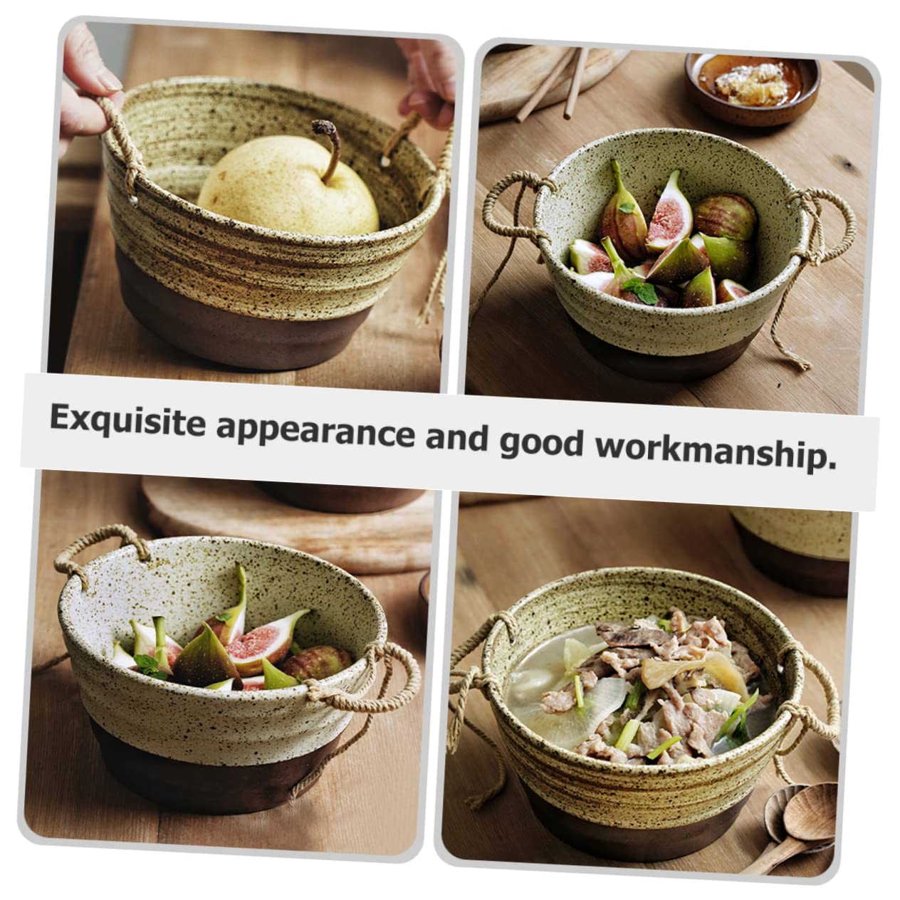 ABOOFAN Cuenco Apilable Doble Asa Estilo Retro Japonés de Cerámica Apto para Lavavajillas, para Sopa y Ensalada Cocina