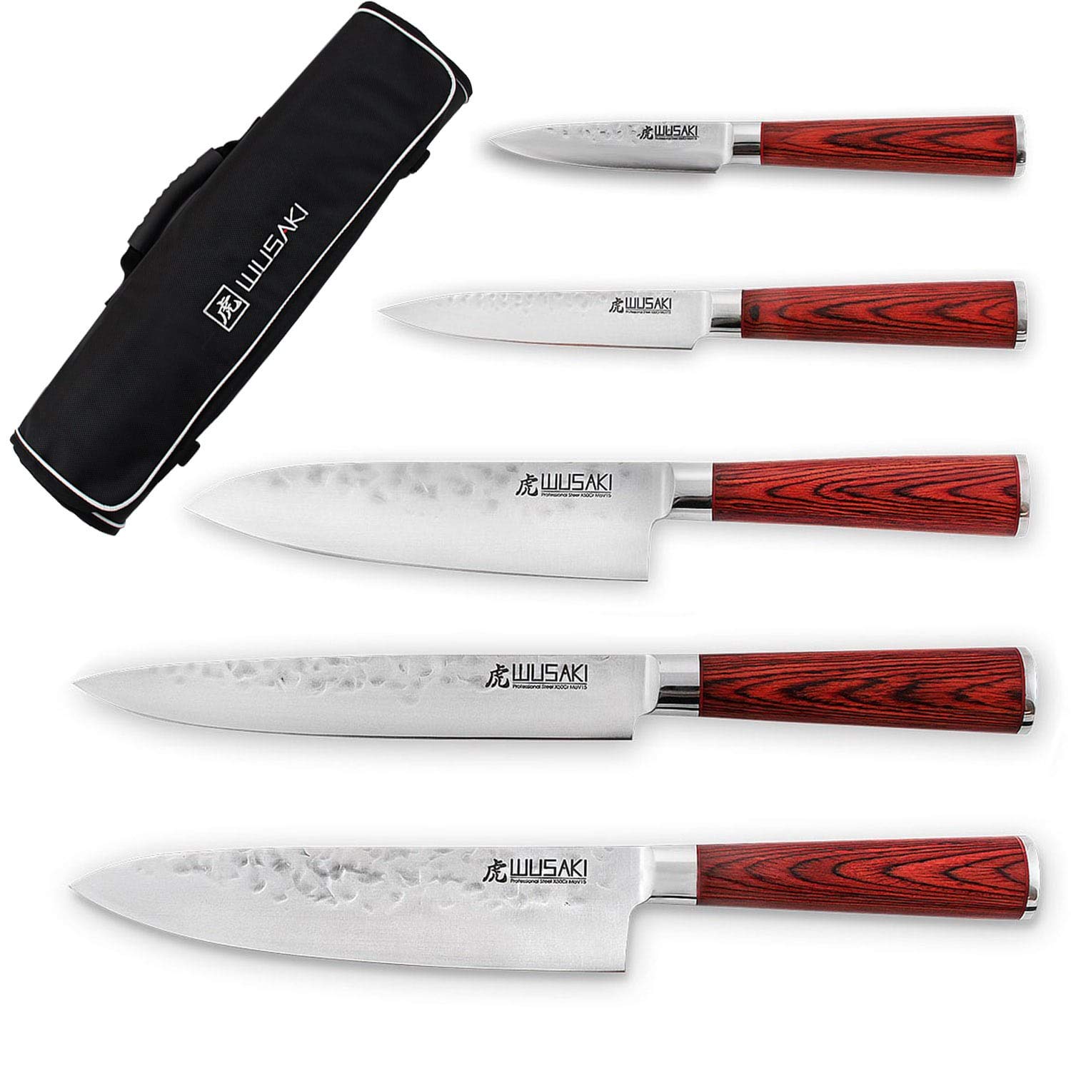 Wusaki Pakka X50 Mallette avec 5 couteaux, lames martelées en acier inoxydable allemand, manches en Pakkawood